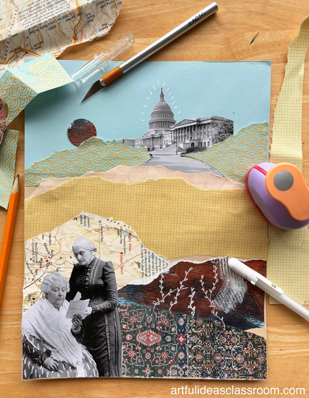 Collage artwork featuring Elizabeth Cady Stanton and Susan B. Antony  with US capitol building and torn paper background and art supplies on a wooden table.