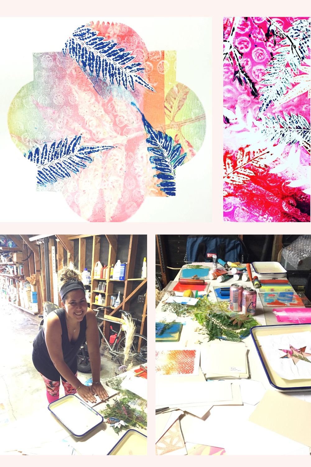 Art workshop set up with gelli plate printmaking and brightly colored inks