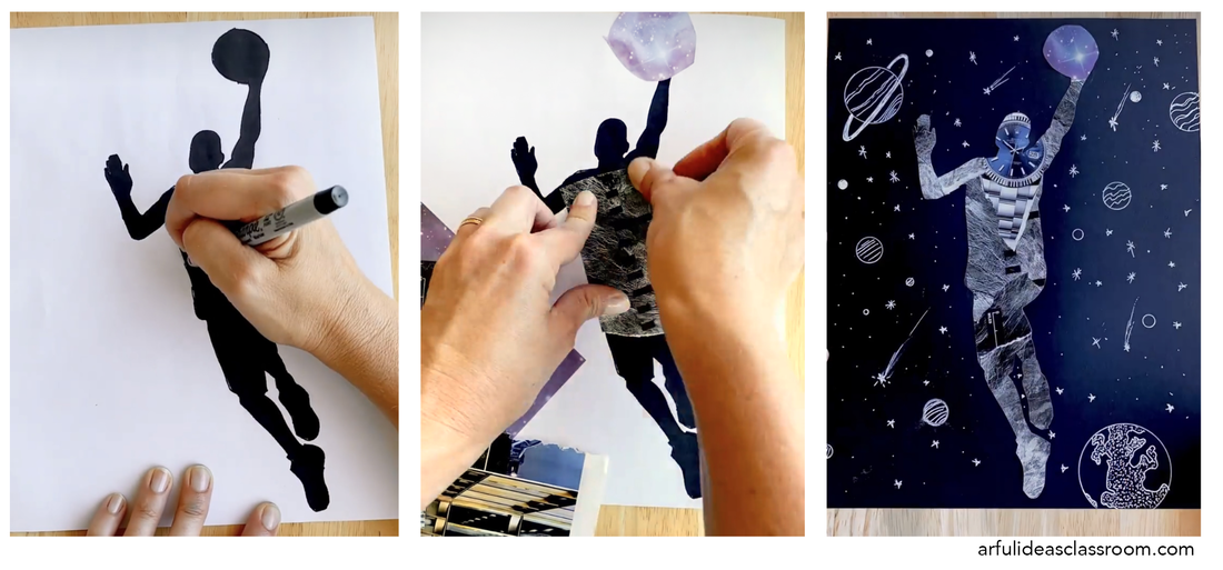 Three photos showing the process of creating a silhouette collage using mixed media techniques
