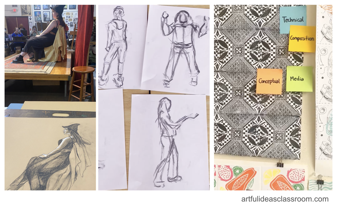 Photo of figure drawing class, gesture drawings and critique with post-it note strategy