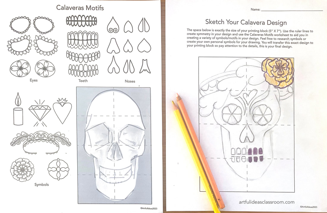 Sketching reference guide and worksheet showing how to draw a day of the dead skull