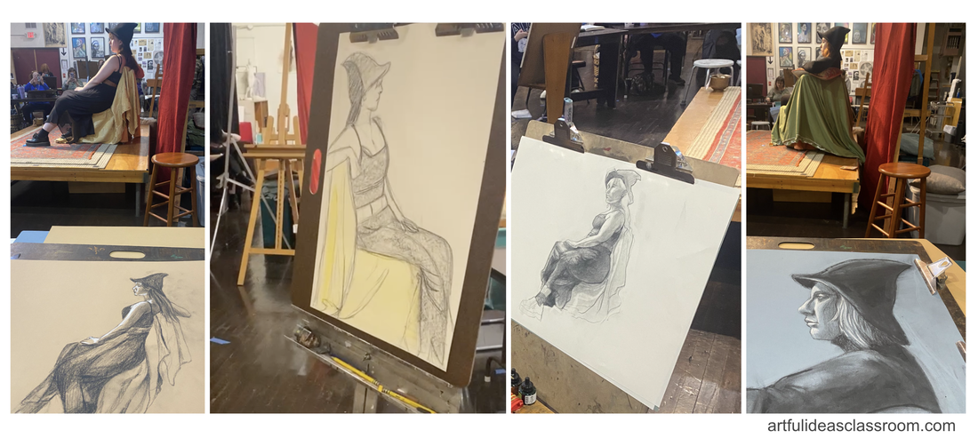 Photos of drawings at a drawing class where a costumed model is drawn from life