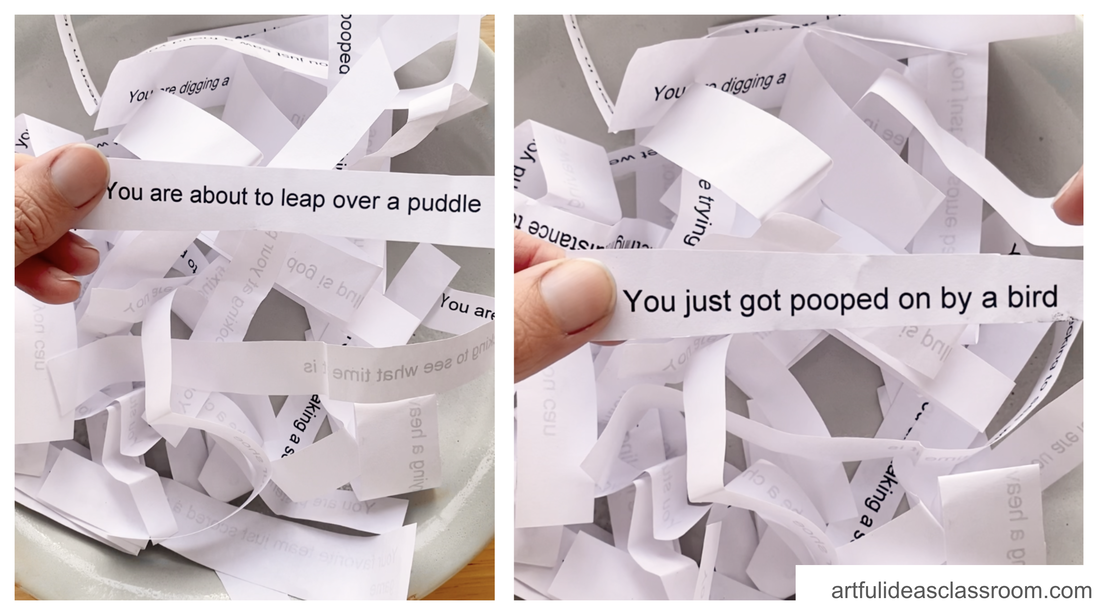 Strips of paper in a bowl that have printed text on them