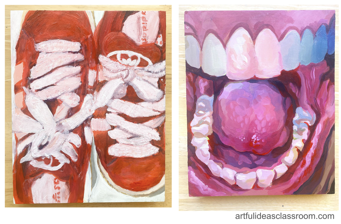 Two acrylic paintings side by side, one of red Adidas shoes and an open mouth art student work 