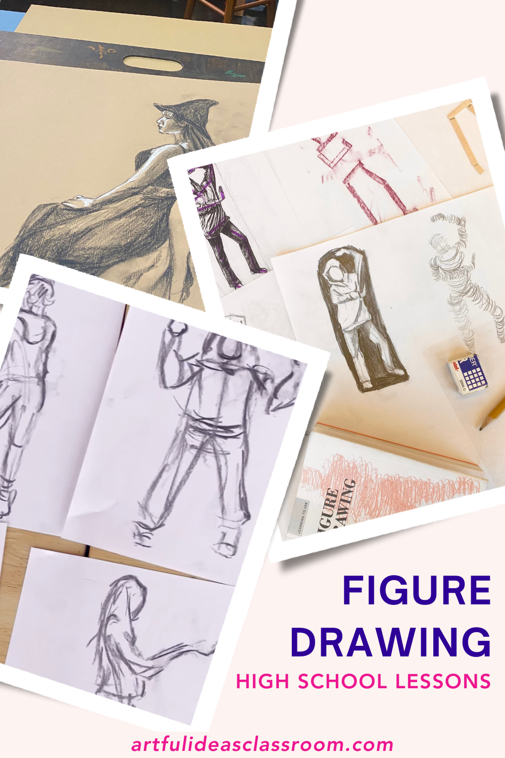 Gesture drawings and figure studies on a table with a pencil 