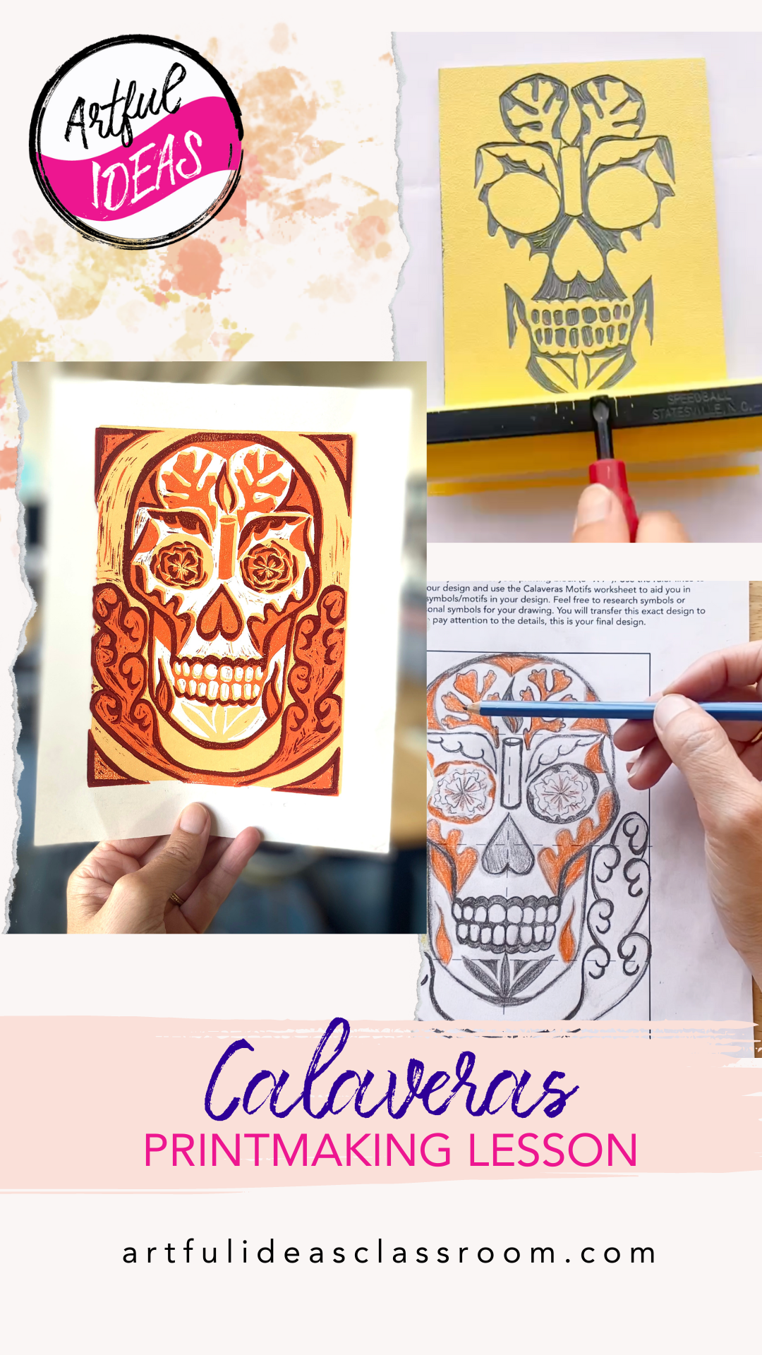 Group of 3 photos and text showing the process to create a three color reduction print of a calavera or skull figure popular during the Mexican holiday Día de los Muertos