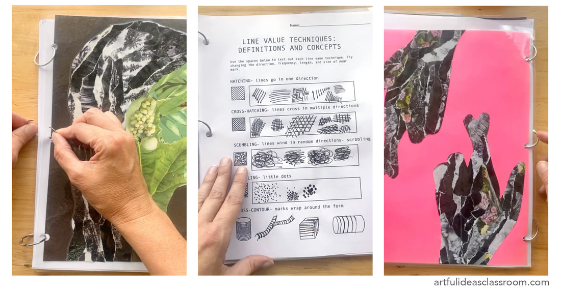 Three images showing the steps to creating a sketchbook bound with metal book rings