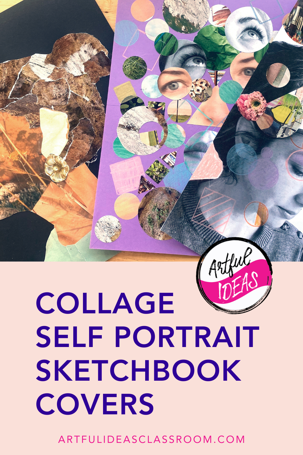 Close up image of three different styles of self portrait sketchbook covers using mixed media collage techniques 