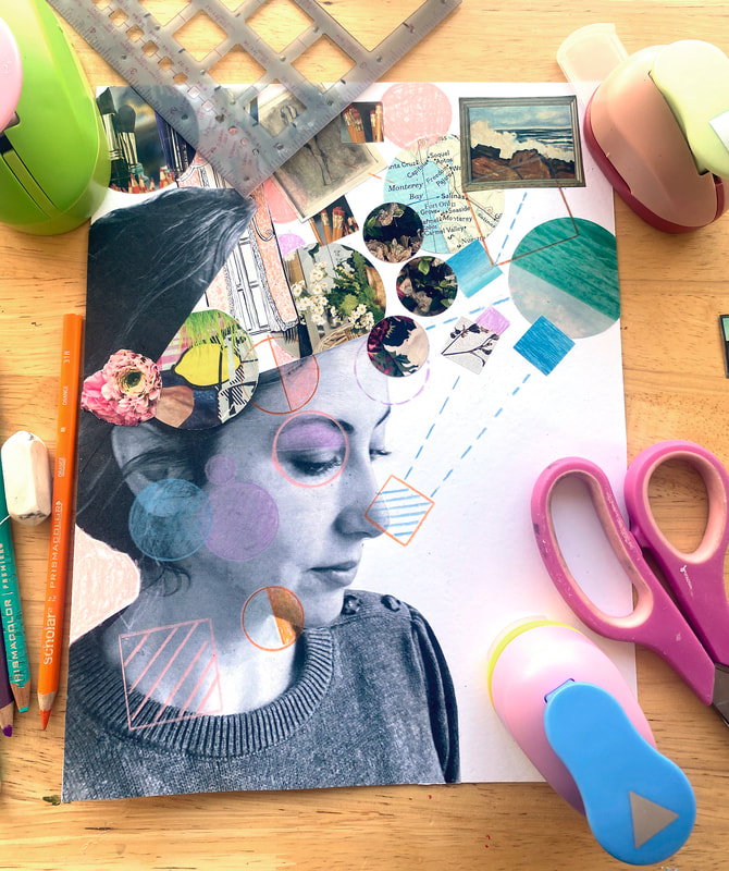 A self portrait collage where the black and white photo of the head is opening to reveal a variety of colorful images made out of collage and mixed media techniques on a table with art supplies 