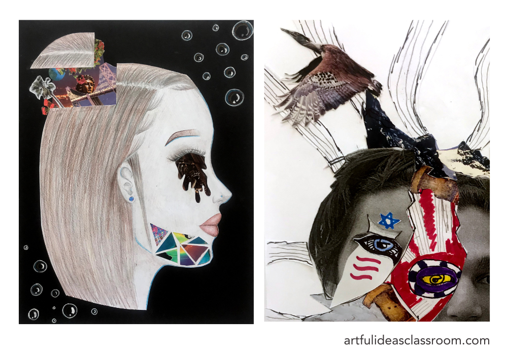 Two unique self portrait sketchbook cover collages that utilize mixed media techniques