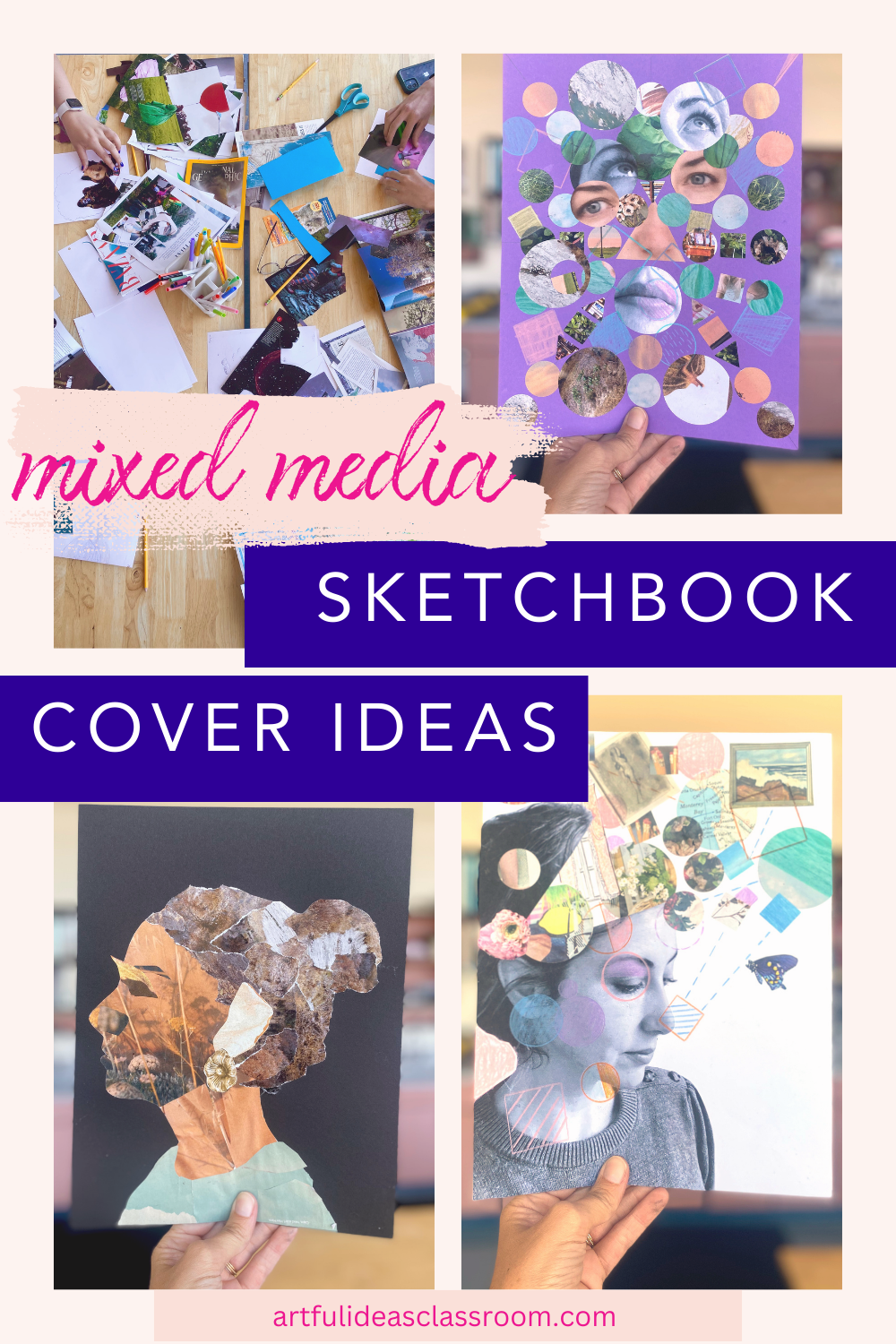 Hand holding up three examples of sketchbook cover ideas using mixed media art techniques 