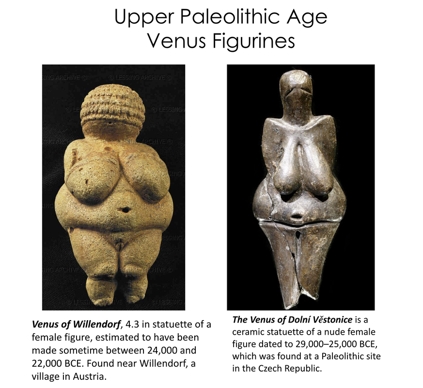 Photographs of Paleolithic Venus figurines, simple sculptures of female forms made in stone and ceramics